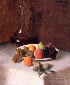 アンリ・ファンタン・ラトゥール Painting - 白いテーブルクロスの上に盛られたワインとフルーツの盛り合わせ アンリ・ファンタン・ラトゥール